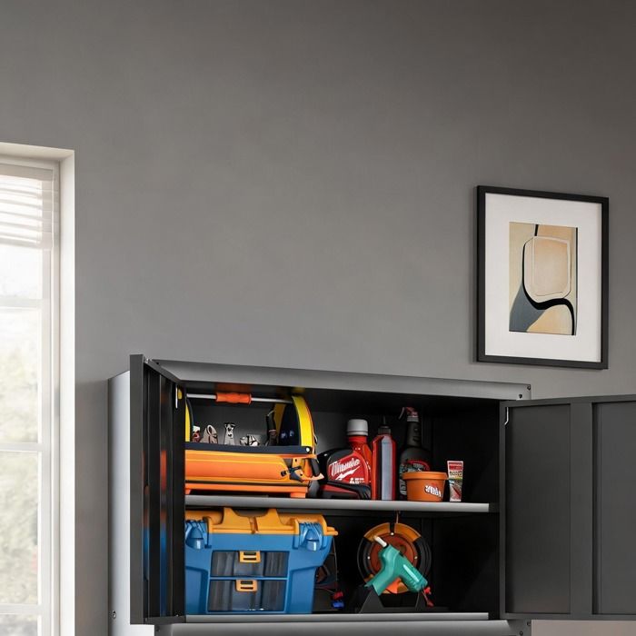 Armoire à outils murale en métal noir 1 étagère réglable et 1 tiroir ouvert fermeture à clé 75x30x77 pouces pour garage