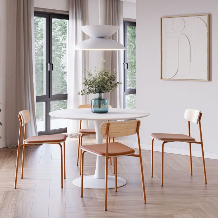 Table ronde blanche + 4 chaises bois et métal brique - CANTIQUE