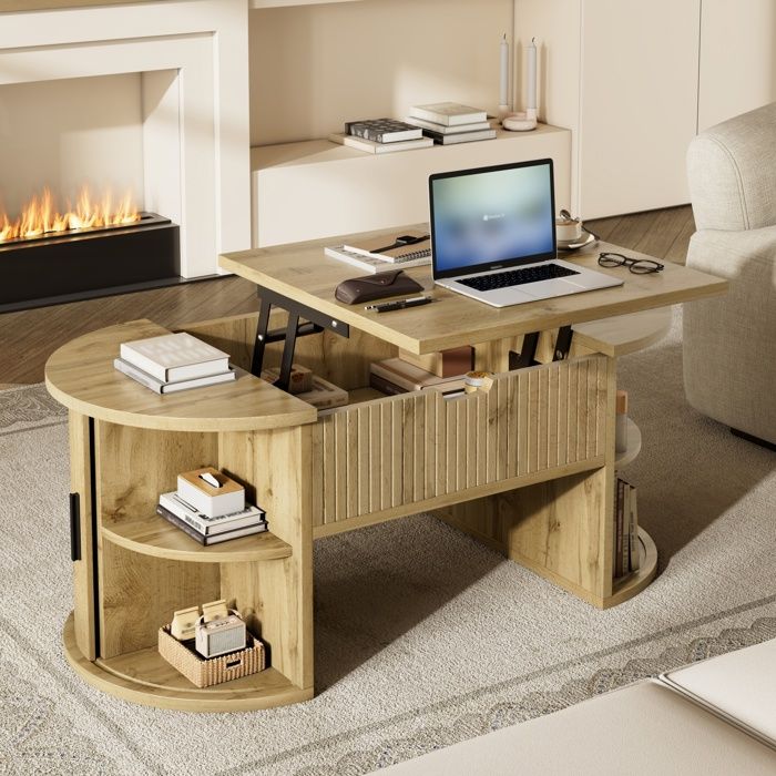 Table basse relevable 100x50x405 cm - Rangement caché et étagères ouvertes - 2 portes coulissantes - MDF effet Chêne