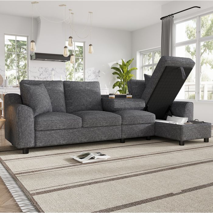 Canapé dangle modulable en chenille gris 280 x 136 x 82 cm avec méridienne et coffre