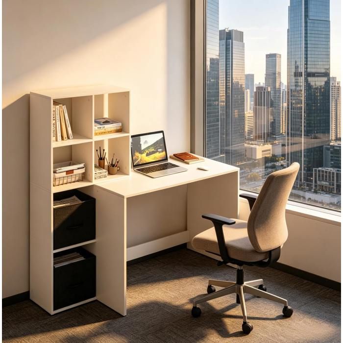 Bureau droit avec bibliothèque latérale 140 5 x 50 x 134 cm 6 niches et 2 boîtes en tissu blanc