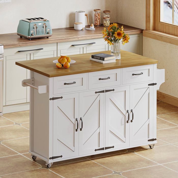 Îlot de Cuisine Blanc avec Plan de Travail Pliable Desserte sur Roulettes Style Grange avec 4 Portes et 3 Tiroirs 140x70x90.5 cm