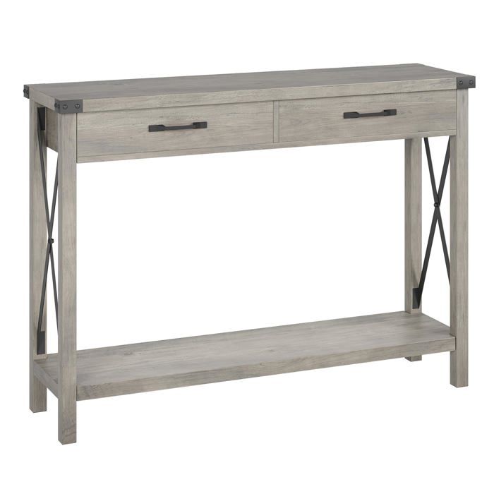 Console industrielle 31″ grise rustique 2 niveaux tiroirs étagère derrière canapé entrée foyer