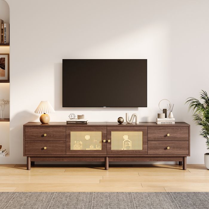 Meuble TV 180 cm Bois Foncé et Rotin Banc TV pour Écran 80 Pouces avec 4 Tiroirs et Passe-Câbles Norevia