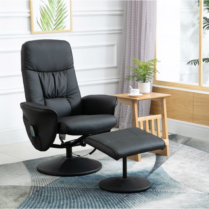 Fauteuil Massant Simili Cuir Noir Fauteuil Relax FloraGrace Pour Salon Avec Repose-Pieds 76x81x105cm