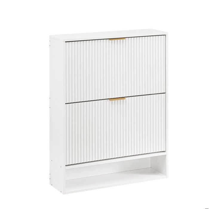 Meuble à chaussures blanc 80 cm 24 cm de profondeur portes relevables niche ouverte anti-basculement FOLYNA