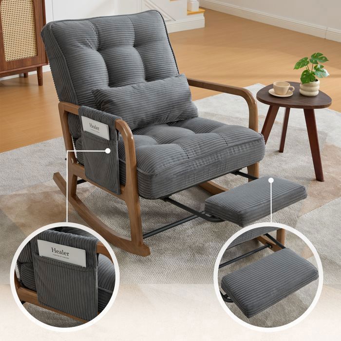 Fauteuil à bascule gris velours côtelé inclinable repose-pieds coussin lombaire poches latérales dossier réglable salon bébé