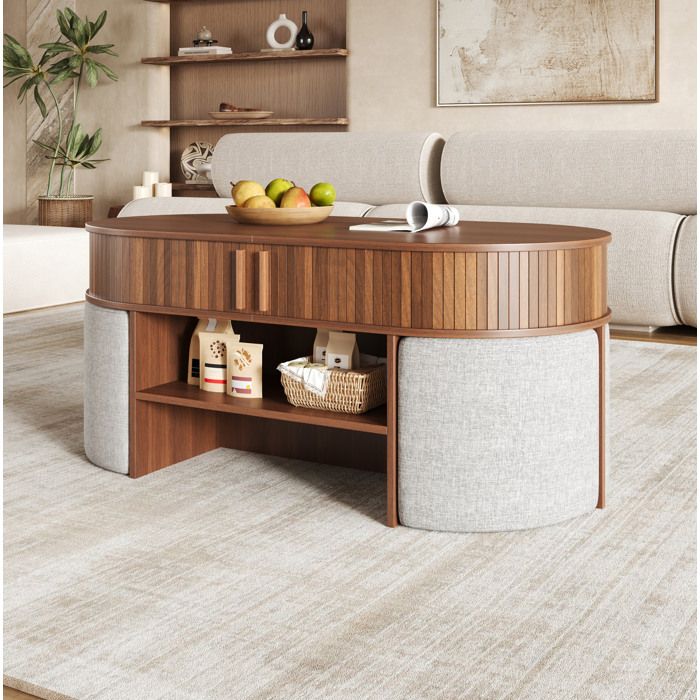 Table basse ovale avec rangement AESVAR portes coulissantes hockers en tissu 120 x 60 x 515 cm noyer