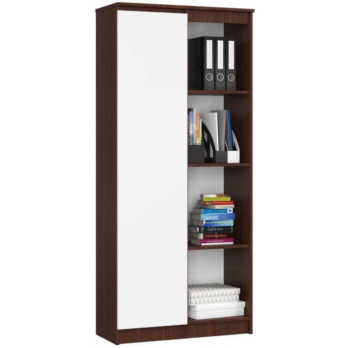 Bibliothèque de bureau AKORD R80 Wengé 80 cm 1 porte façade Blanche 8 étagères 80x35x180 cm