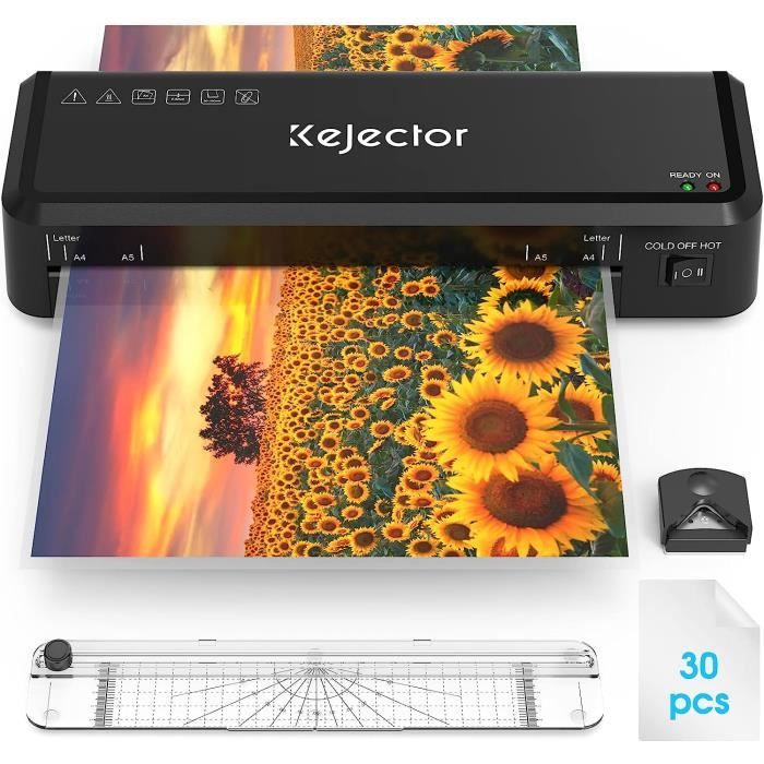 Plastifieuse, Plastifieuse A4 avec Feuilles de Plastification 30 Pi?�ces et 1 Coupe-papier, 1 