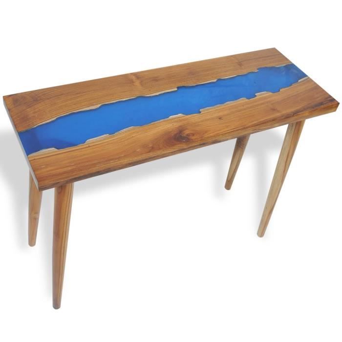 table console - xinyshop - teck résine - marron - verni - incrustation de résine bleue