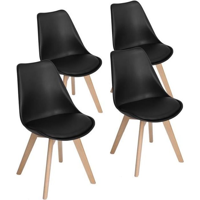 chaise de salle à manger scandinave en bois massif et simili cuir noir - lot de 4