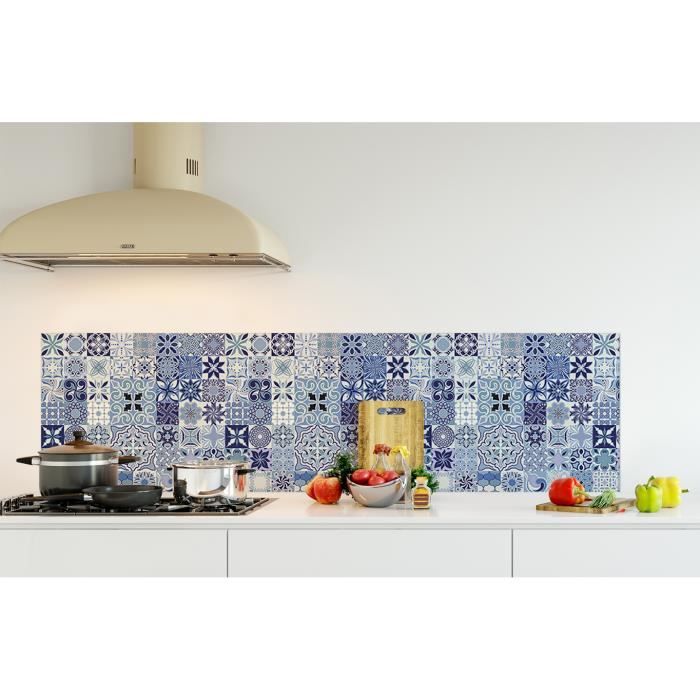 credence de cuisine adhesive en verre de synthese carreaux de ciment bleus l 180 x h 50 cm cdiscount bricolage