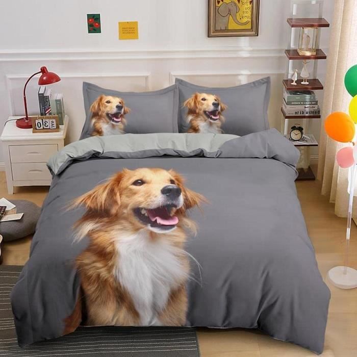 Fusion - Housse De Couette Chien Bleu Canard - 230 X 220 Cm - 2 Taies D' oreiller - Réversible (2 Couleurs) - Housse De Couette Imprimé Patte - Housse De Couette Chien