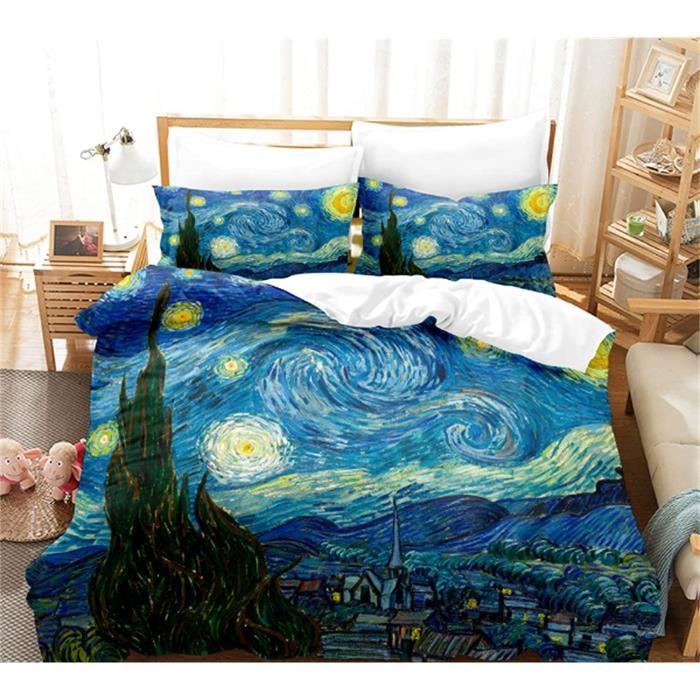 Housse De Couette 160x200 Cm Nuit étoilée Van Gogh - Microfibre Douce, 3 Pièces Avec Taies D'oreiller, Attaches Et Fermeture éclair