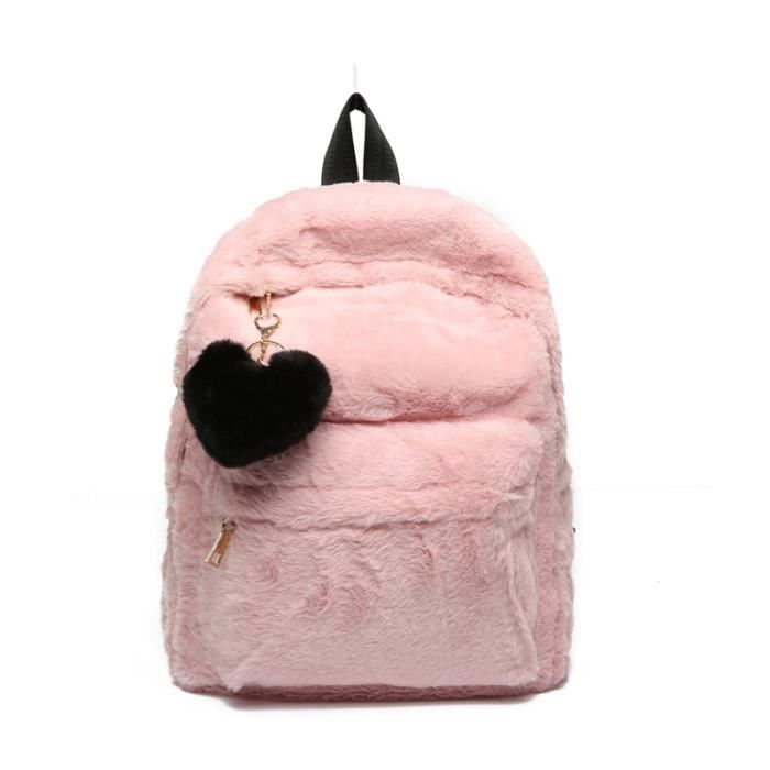 Rose Sac a dos en fausse fourrure solide mignon pendentif en forme de c ur doux pour l hiver grand sac a do Cdiscount Bagagerie Maroquinerie