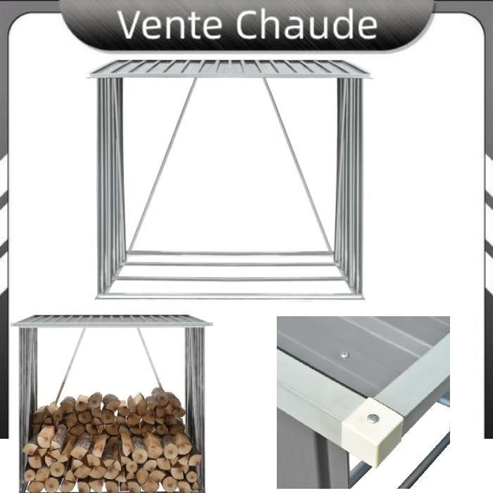 Abri de stockage de bois - Vogue - Acier galvanisé - Gris - 163x83x154 cm