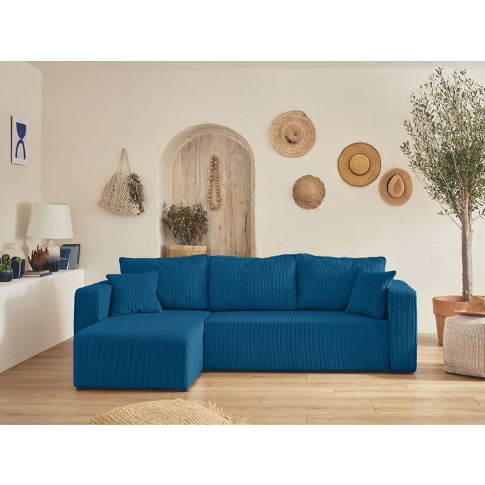 Topaze - canapé dangle réversible - 4 places - convertible avec coffre - en velours côtelé - Bleu Ardoise