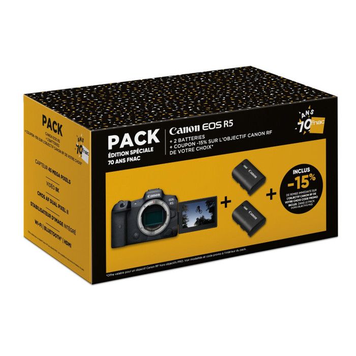 Pack Fnac Edition Appareil photo hybride Canon EOS R5 Boîtier Nu + 2 batteries + Coupon 15% sur une optiques RF Canon - vue 4