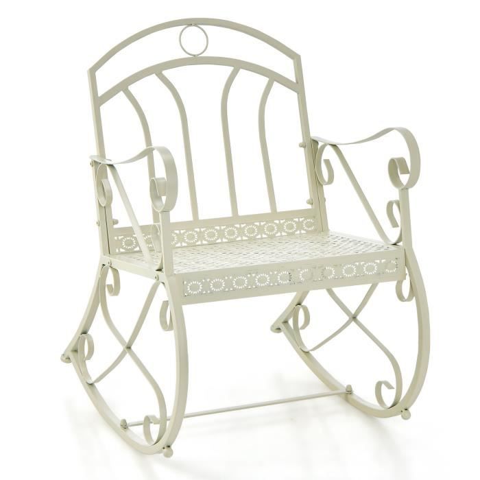 costway chaise/fauteuil à bascule en métal, rocking chair avec dossier et accoudoirs, charge150 kg, pour intérieur/extérieur, blanc