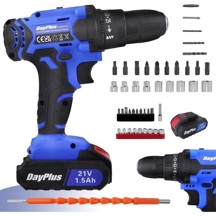 Perceuse Visseuse Devisseuse Sans Fil 21V avec 1x Batterie 45Nm 25+1 Réglages de Couple 2 Vitesse 26 Accessoires