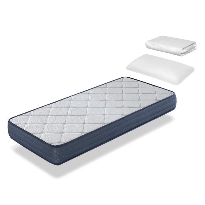 Pack Matelas mousse 90x190 LAURA Épaisseur 22 CM + 1 oreiller à mémoire 90x35 + 1 Protège matelas 90x190 cm
