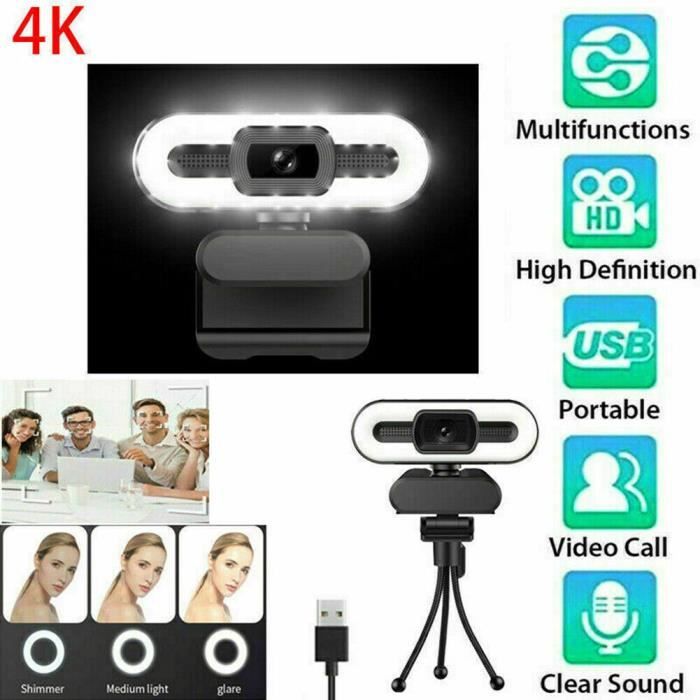 Webcam de streaming HD 4K avec microphone MIC USB + lumière annulaire pour  les appels vidéo sur PC - Cdiscount Informatique