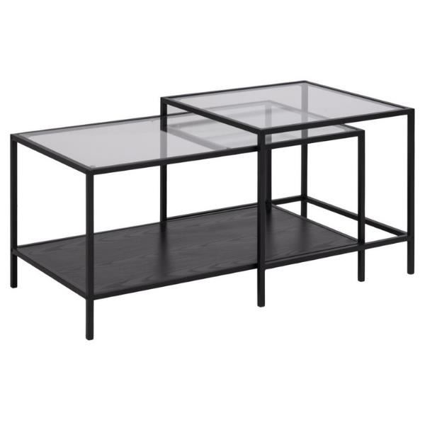 lot de 2 tables basses - emob - dover - plateau en verre - décor frêne noir - cadre noir mat