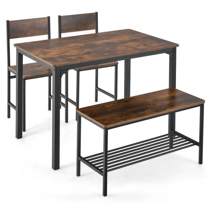 GIANTEX Ensemble Table à Manger avec 2 Chaise et 1 Banc Cadre en Métal Style Industriel pour Café Cuisine 110 x 70x 76 cm GIANTEX Ensemble Table à Manger avec 2 Chaise et 1 Banc Cadre en Métal Style Industriel pour Café Cuisine 110 x 70x 76 cm
