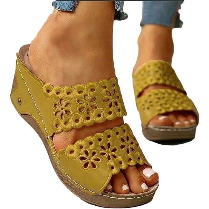 ORANDESIGNE Sandales Compensées Plates Pour Femmes - Sandales Été Bout Ouvert Confort Rome En Cuir Synthétique