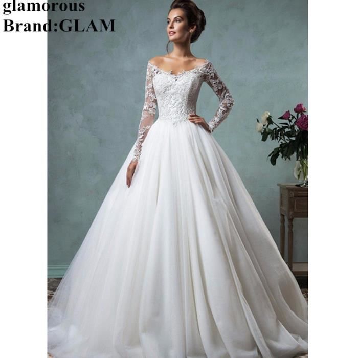 Glamrobe De Mariée Manches Longues Robe De Mariée Plage Robe En Mousseline De Soie Dentelle