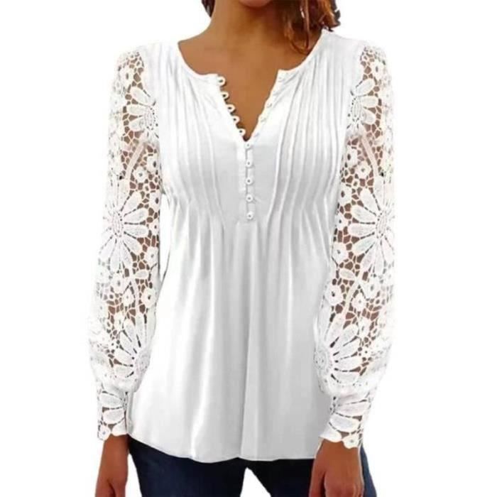 Chemisier Femme SOADKP - Col V, Manches Longues Bouffantes, Dentelle, Style Tunique élégante
