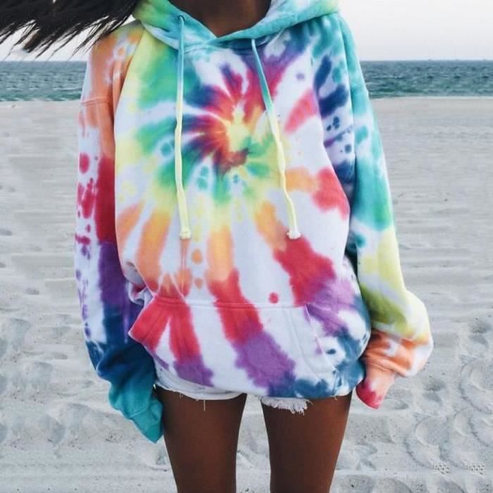 Sweat a capuche imprime tie dye ample pour femme Pull decontracte a manches longues Sweatshirts hauts Multicolore Multicolore Cdiscount Pret a Porter
