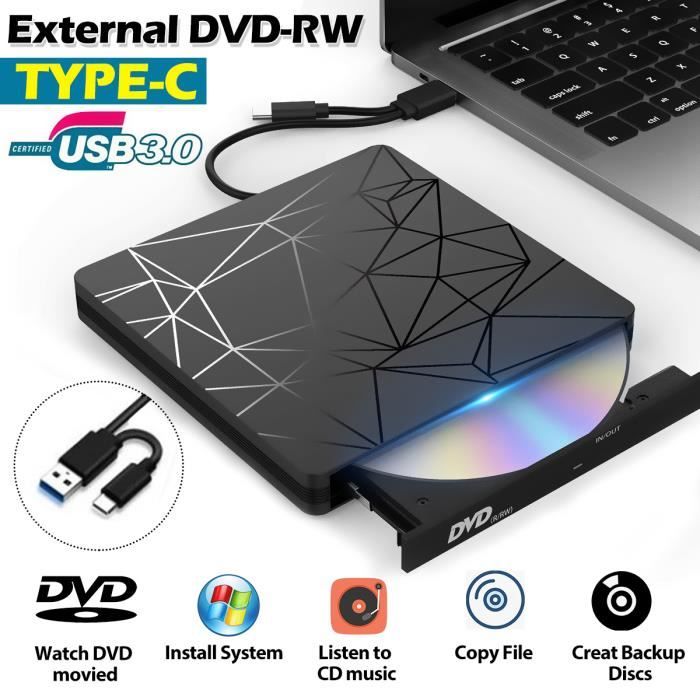 Lecteur CD DVD Externe Type C et USB 3.0 Graveur de DVD pour Ordinateur ...
