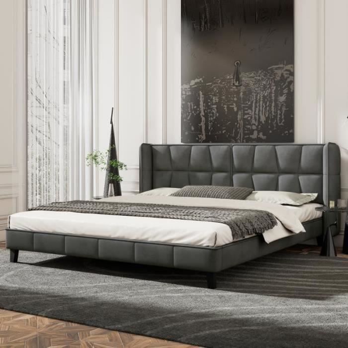 lit capitonné double 140x200cm en velours avec sommier à lattes et tête de lit lit ado montage facile style contemporain gris