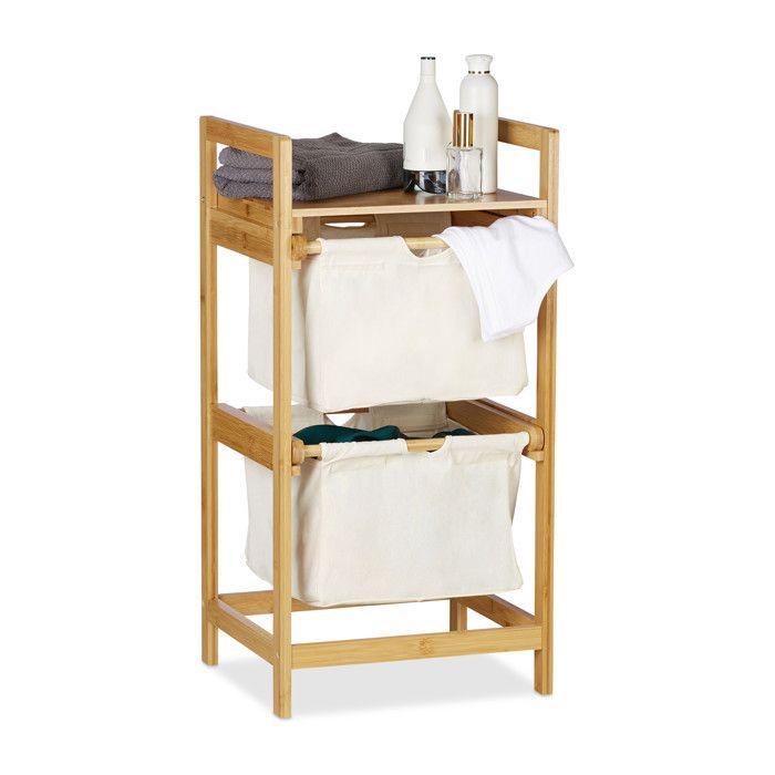 Relaxdays Panier à linge bambou 2 sacs à linge 25 L 2 tiroirs surface de rangement coffre à linge nature