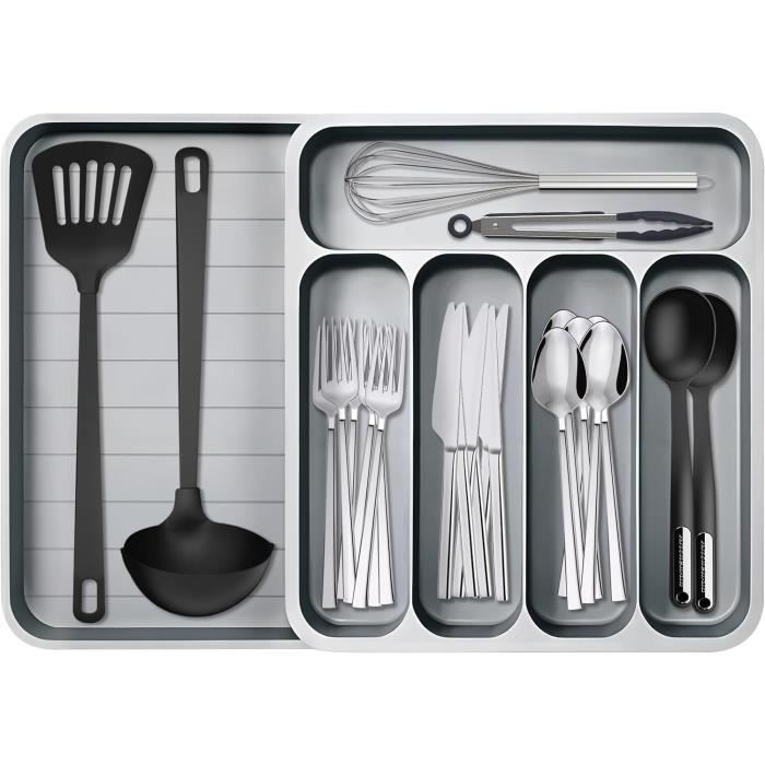 Range Couverts Tiroir Extensible 9 Compartiments - Organisateur Cuisine Noir