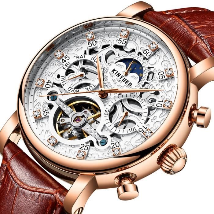 Montre homme de marque de luxe mécanique automatique sport multifonction bracelet en cuir diamant cool mode brun