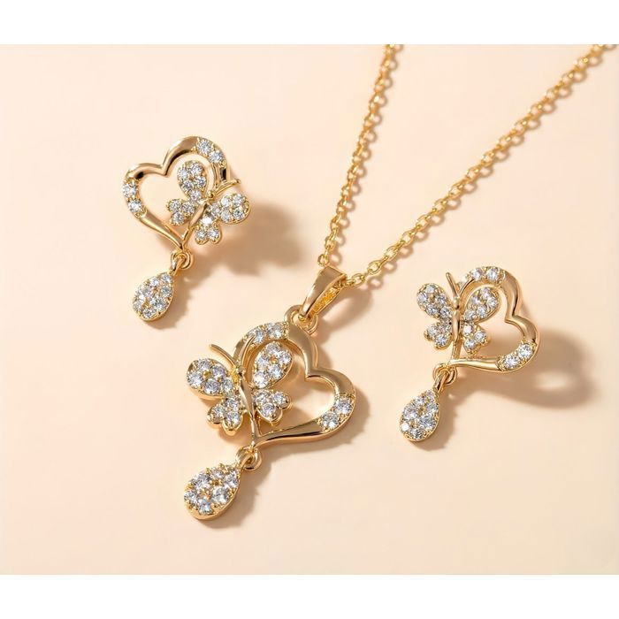 Parure De Bijoux Femme Cœur Cristal Rose - Plaqué Or 750/1000, 4 Pièces (Collier, Pendentif, Boucles D'Oreilles)