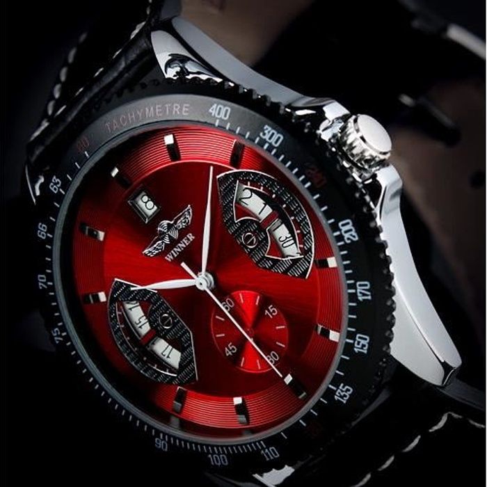 Montre Homme Winner Rouge Noir Mecanique Automatic Rouge Tendance