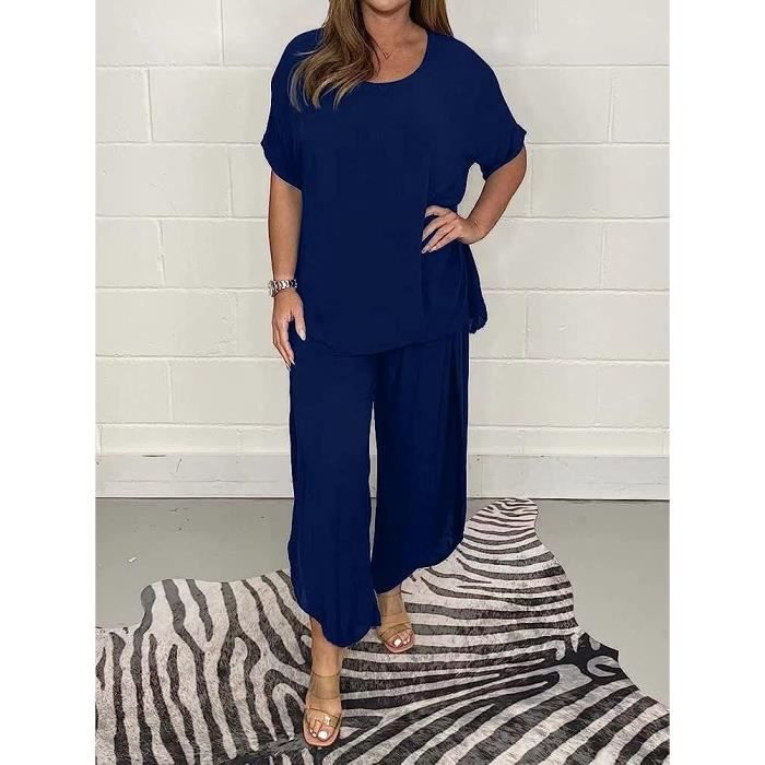 ENSEMBLE DE VETEMENTS Femme Ensemble de Pantalon Larges et Top Elegante Ample Costume 2 Pieces Couleur Unie Tailleur Marine Marine Cdiscount Pret a Porter