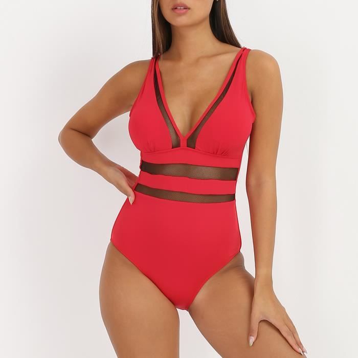 Maillot de bain 1 pi ce avec d tails transparents Rouge