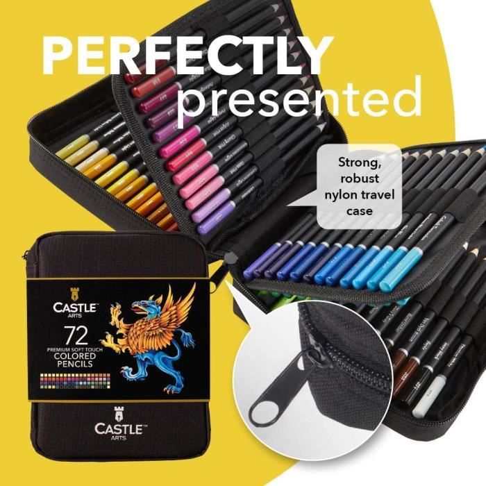Castle Art Supplies Gold Standard - Lot de 72 crayons de couleur avec extras - Noyaux de couleur de qualité supérieure à base d'huile - Plus pointus et résistants à la casse