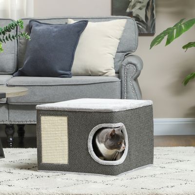 PawHut Arbre à Chat Tonneau 3 Niveaux – Gris – Avec Griffoir Sisal Et Coussin Doux – Pour Chat -4,5kg