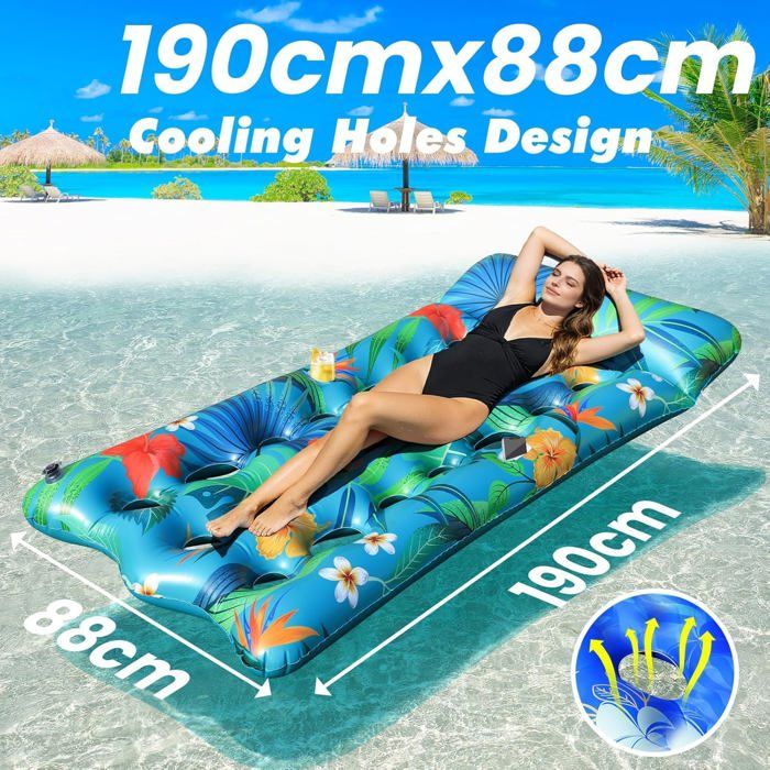 Bouée Gonflable Piscine Adulte,2 Pièces Matelas Gonflable Piscine avec Appui -Tête et Porte-Gobelets,Bouée Flottante,190×88cm Chaise - Jeux - Jouets