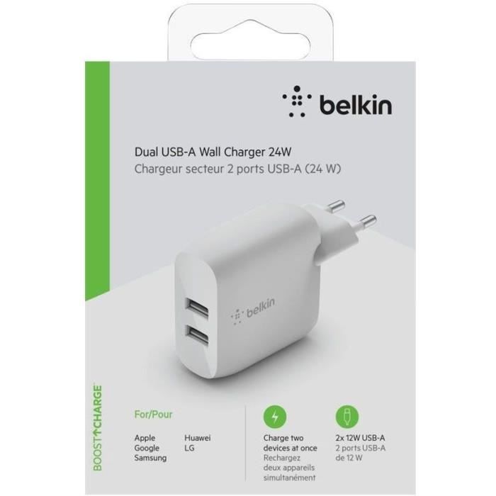 Chargeur Secteur Double USB 24W avec Câble USB vers USB-C, Belkin