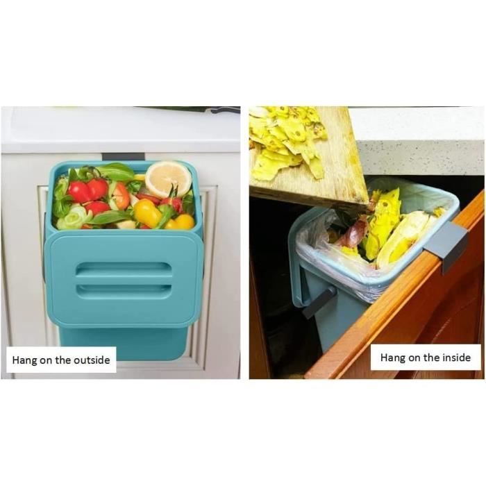 Seau à Compost De Cuisine 3L - Avec Couvercle - Accroche-porte - Anti-odeurs - Bleu