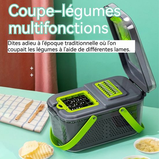 Hachoir Multifonction Alligator 3008 - Coupe Légumes Et Frites 2 En 1 Avec 2 Lames Interchangeables 6x6mm Et 12x12mm - Blanc Et Vert
