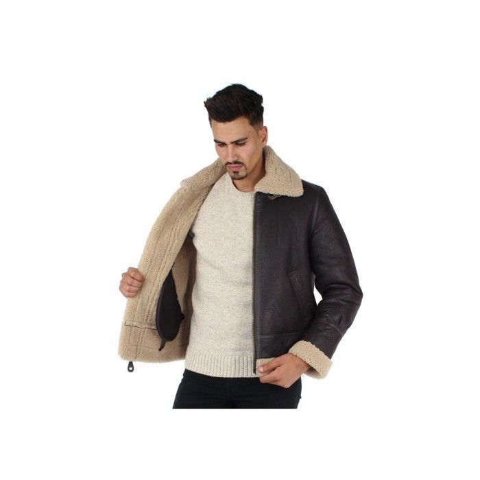 Blouson Bombardier Homme En Cuir Et Peau De Mouton Retournée - Marron Taille L, Occasion Très Bon état