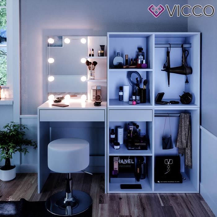 Coiffeuse Vicco Isabelle - Table de maquillage avec éclairage LED -  Tabouret inclus - Cdiscount Maison